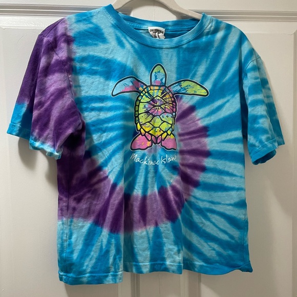 Mackinac Island Youth Large Tie Dye T Shirt Turtle Purple Blue 100% Cotton - Picture 1 of 4